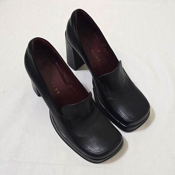 Nine West Black Kinetic Chunky Leather Heels Size 7 - Picture 1 of 9